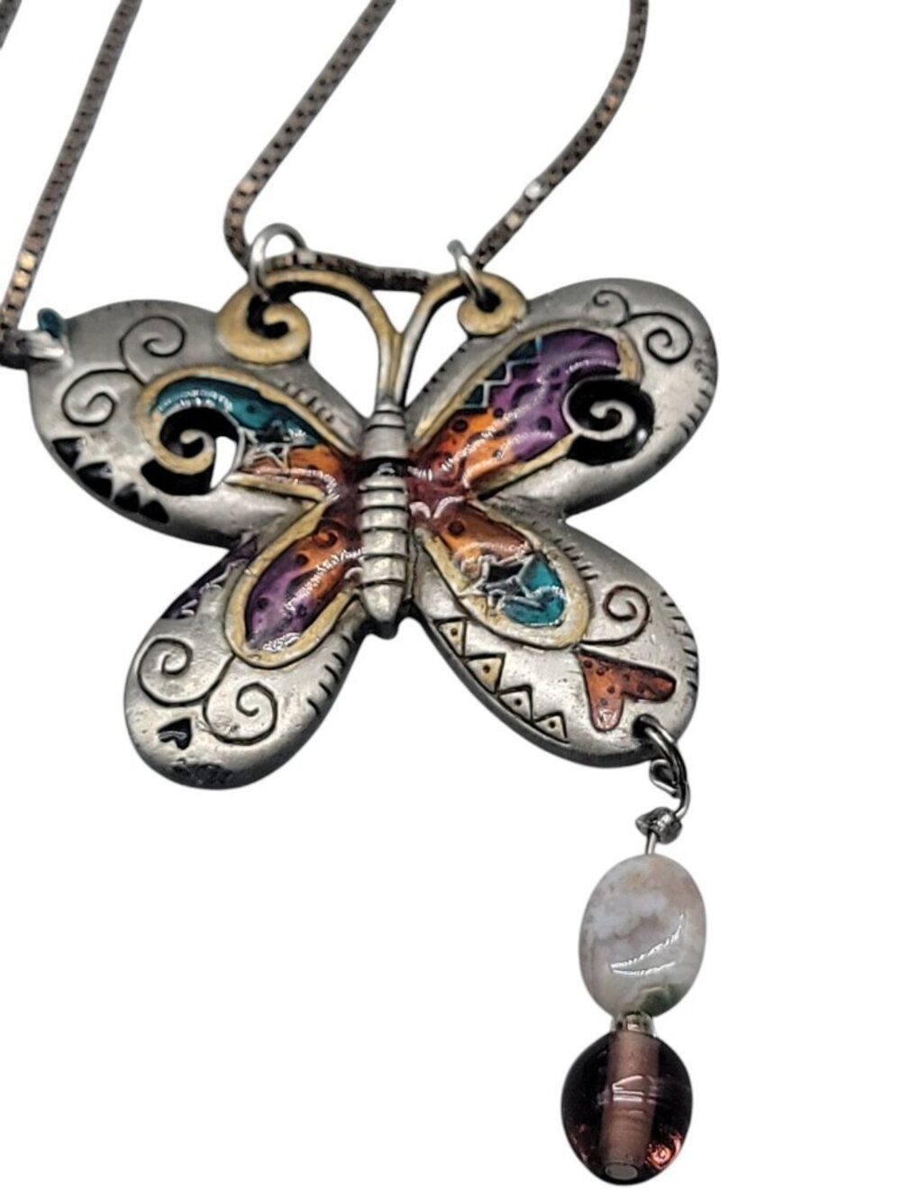 Sterling Silver Butterfly Pendant Necklace Enamel Inlaid 15" 925 Choker Chain - Picture 12 of 16